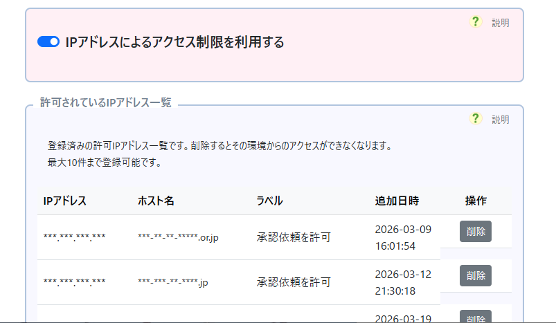 IPアドレス制限画面：